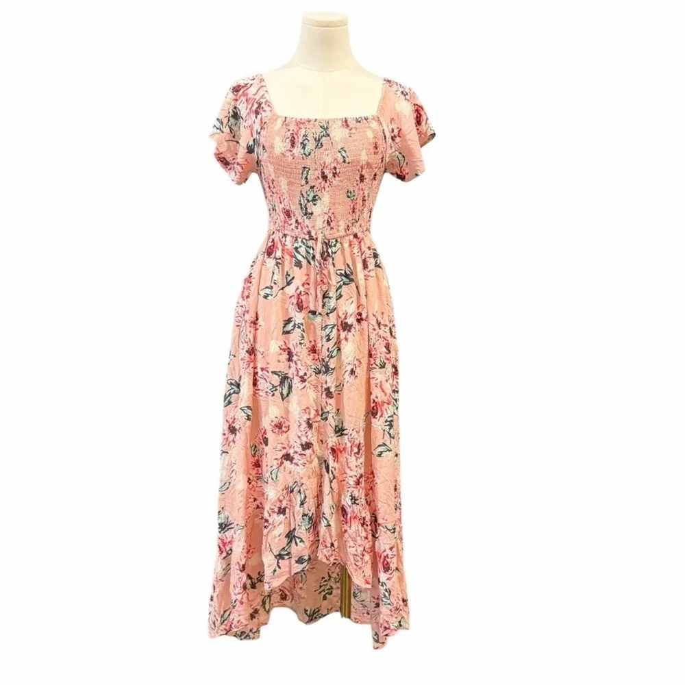 Band of Gypsies Floral Smocked High Low Maxi Dress Pink Small Boho Summer Garden - Picture 3 of 16